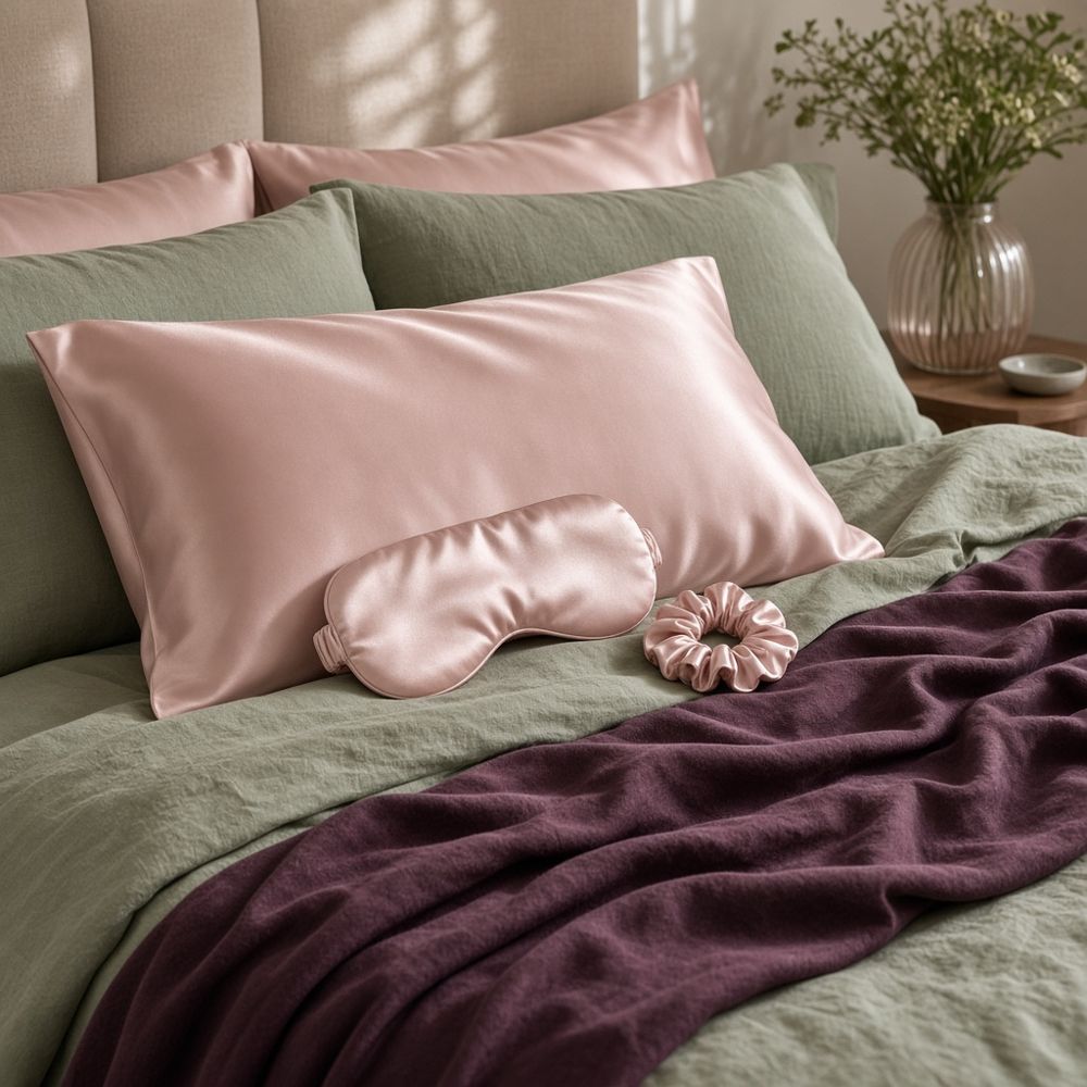 Moonveil satin pillowcase, eye mask, hair band and hair tie on a bed